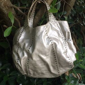 Kooba Silver Studded Oversized Shoulder Bag Purse Leather Hobo Y2K Metallic
